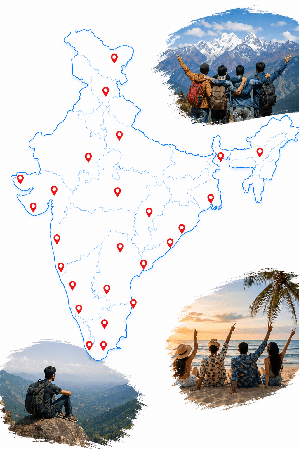 Map of India marked with No2Wait destinations, alongside travellers on a trip